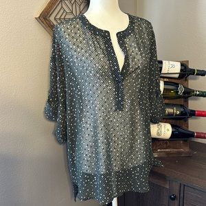 NWOT CAbi Womens Sheer Top. Eyelet Hi-Low Split Neck